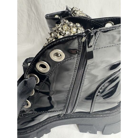 Black Rylee Pearl Rhinestone Lace up Round Toe Ankle Boots - Picture 6 of 7